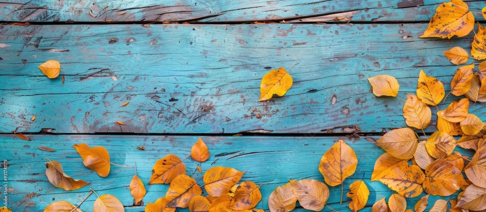 Poster Autumn leaves border the left side of a blue structured background from a top view Fall Border features yellow and orange leaves creating a vintage background table with copy space Ideal for your des