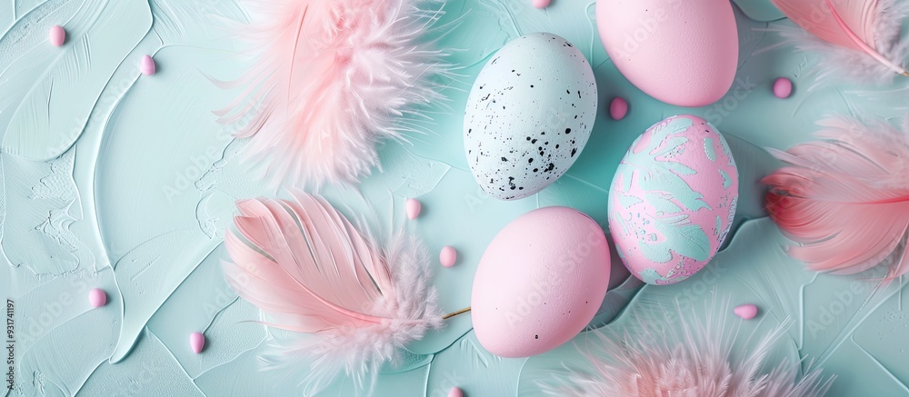 Poster Easter theme Light background featuring pastel colored eggs and feathers with space for text Top view flat lay. with copy space image. Place for adding text or design