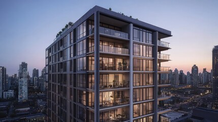 A high-rise apartment building in the city, with balconies and a stunning skyline view, representing urban real estate.
