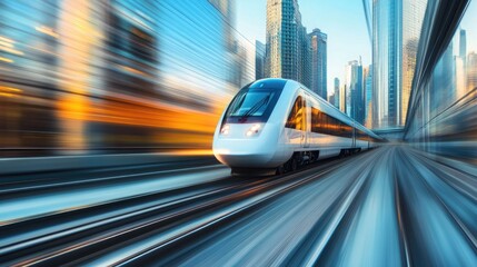 Fototapeta premium A high-speed maglev train speeding through a modern urban environment, with blurred motion conveying its incredible speed