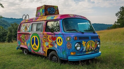 A hippie van decorated with vibrant murals and peace symbols, parked in a grassy field.