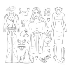Female fashion set. Vector line illustration of women's clothes and accessories, makeup, and cosmetics, isolated on a white background.