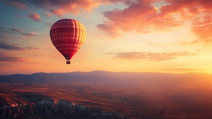 Fototapeta premium A hot air balloon ascending into a sky painted with the warm hues of dawn, the ancient valleys of Cappadocia stretching out below.