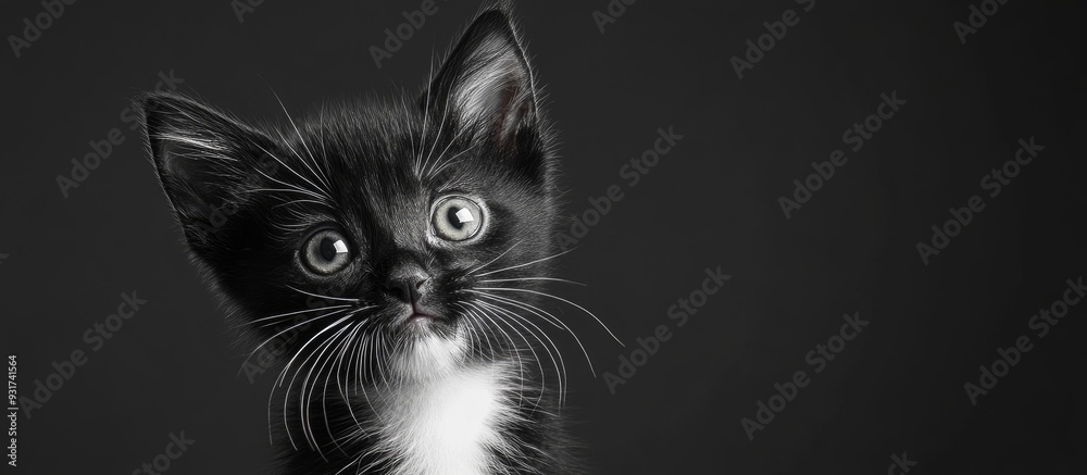 Poster a black and white kitten with a humorous little face. with copy space image. Place for adding text or design
