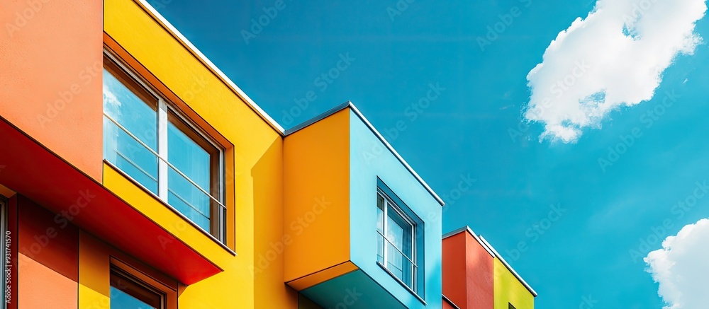 Poster a section of a vibrant house exterior against a blue sky. with copy space image. place for adding te