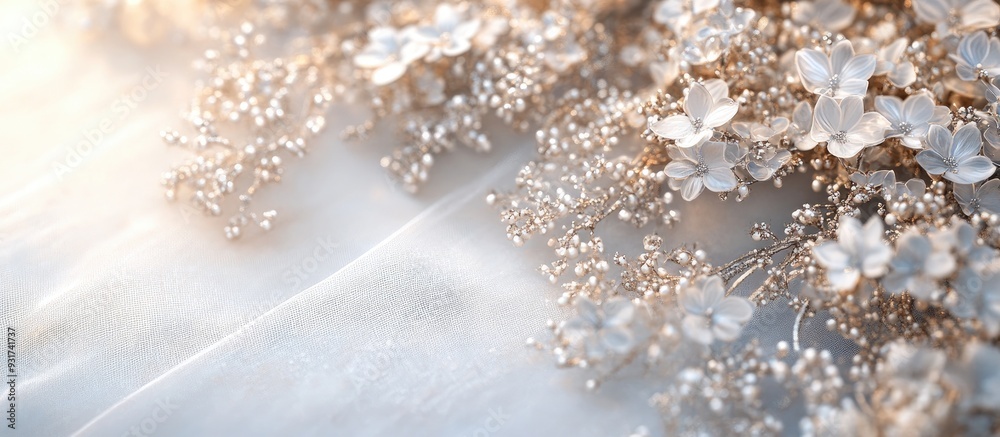 Poster Silver lace adorned with clusters of small white flowers. with copy space image. Place for adding text or design