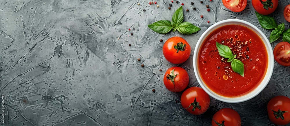 Aufkleber red tomato soup with vegetables vegetarian dish without meat as the first course top view food backg