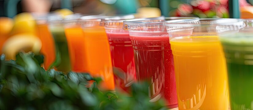 Plastic cups filled with healthy juice fruits and vegetables on a light background. with copy space image. Place for adding text or design