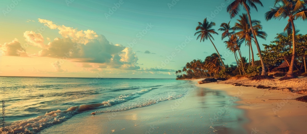 Aufkleber Tropical beach featuring palm trees and the sea at sunset serving as a vintage style background for summer beach vacations. with copy space image. Place for adding text or design