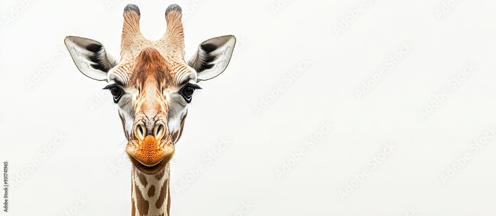Poster Close up of a Giraffe s head looking at the camera. with copy space image. Place for adding text or design