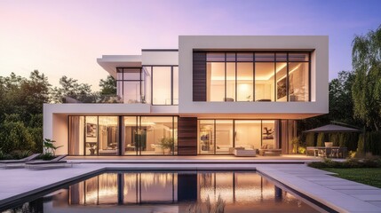 Obraz premium A modern, luxurious home with large windows, landscaped gardens, and a swimming pool, representing high-end real estate.