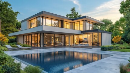 Fototapeta premium A modern, luxurious home with large windows, landscaped gardens, and a swimming pool, representing high-end real estate.
