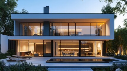 Fototapeta premium A modern, minimalist home with clean lines, large glass windows, and an open-plan living area, representing contemporary real estate.