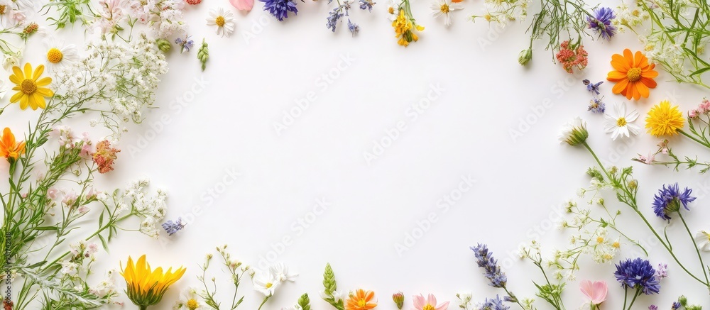 Poster Round frame composed of wildflowers with a text area on a white background Flat lay top view. with copy space image. Place for adding text or design