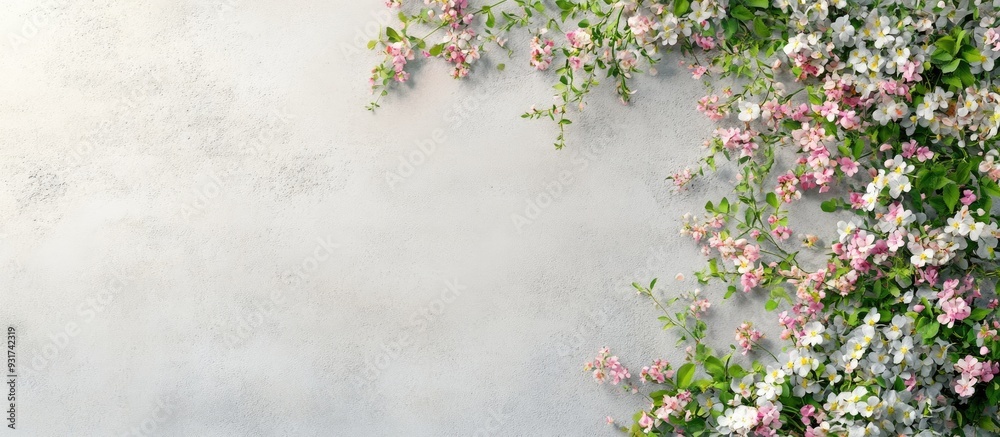 Aufkleber spring background blooming flowers on a concrete surface top view copy space
