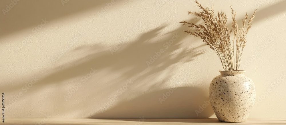 Poster interior decoration featuring dried triticale leaves and a ceramic vase. with copy space image. plac