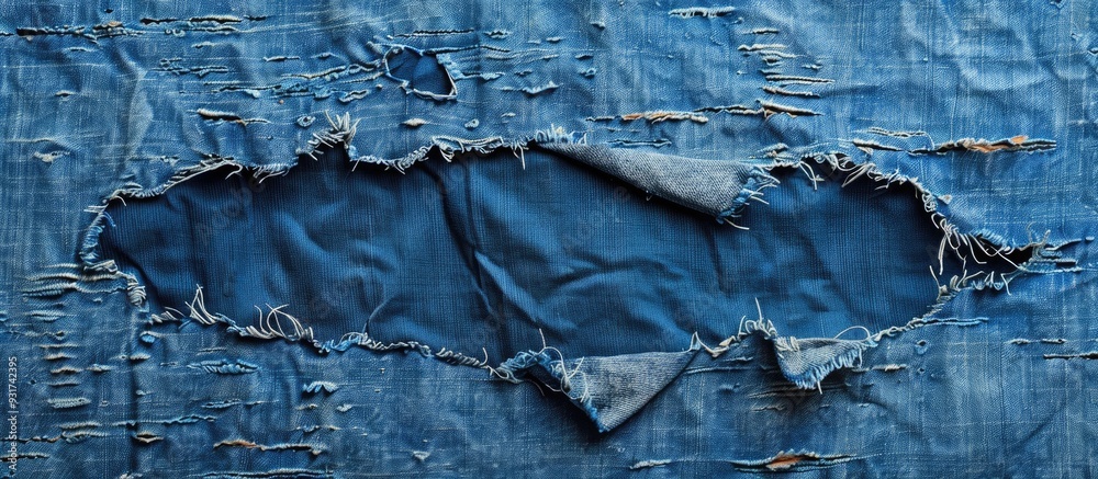 Poster blue old denim background featuring a torn patch in the center used as a backdrop. with copy space image. Place for adding text or design