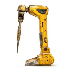 Worn Yellow Construction Jackhammer Tool Isolated on White Background