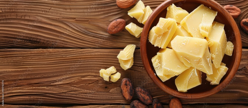 Poster Flat lay arrangement featuring organic cocoa butter on a wooden table Room for text. with copy space image. Place for adding text or design