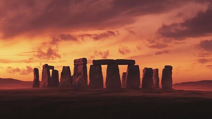 A panoramic view of Stonehenge at sunset, with the sky painted in shades of orange and pink.