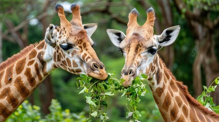 Obraz premium two giraffes eating leaves from a tree.