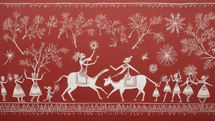 Traditional Warli style painting on textured brick red background