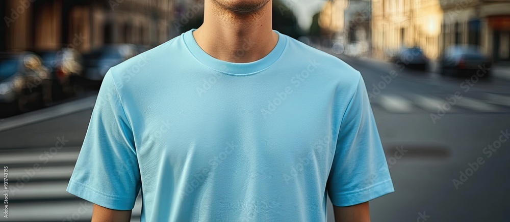 Poster close up of a young man in a light blue t shirt standing at a crosswalk. with copy space image. plac