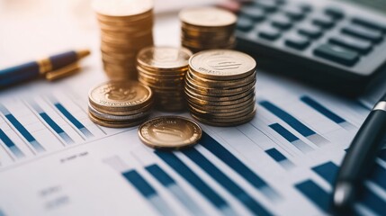 A pile of coins and a financial report, symbolizing investment and economic growth, with a calculator and pen beside them.