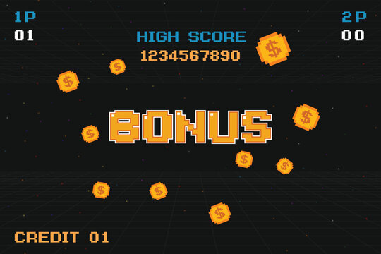 BONUS. press start button. pixel art .8 bit game. retro game. for game assets .Retro Futurism Sci-Fi Background. glowing neon grid. and stars from vintage arcade computer games