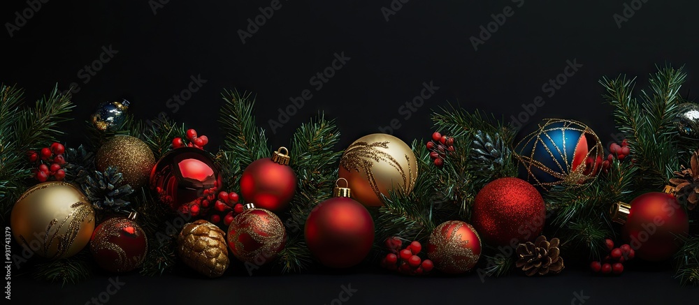Aufkleber Christmas backdrop featuring holiday decorations on a black background. with copy space image. Place for adding text or design