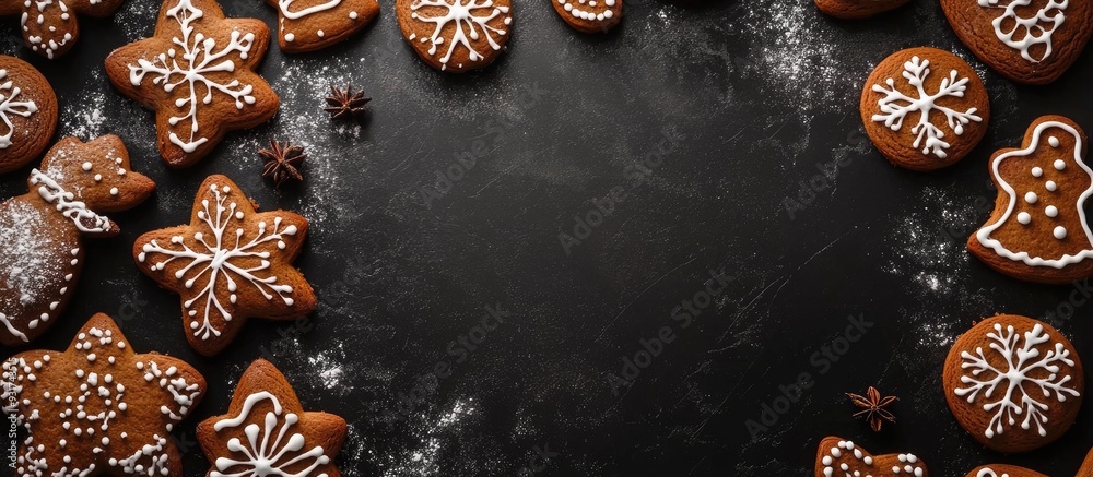 Poster christmas gingerbread border on a black background with space for text in the center christmas theme