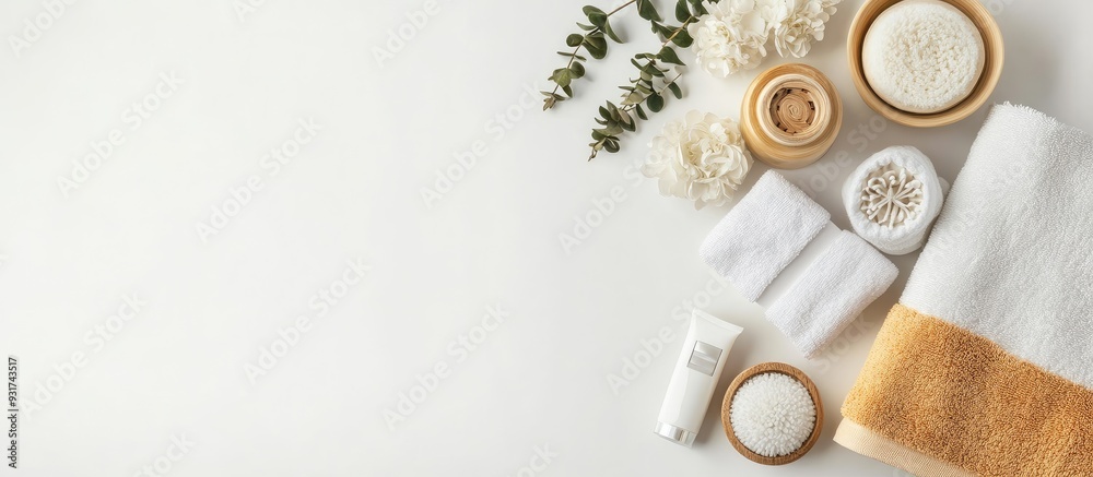 Leinwandbilder bath towels alongside toiletries on a white background flat lay top view. with copy space image. pla