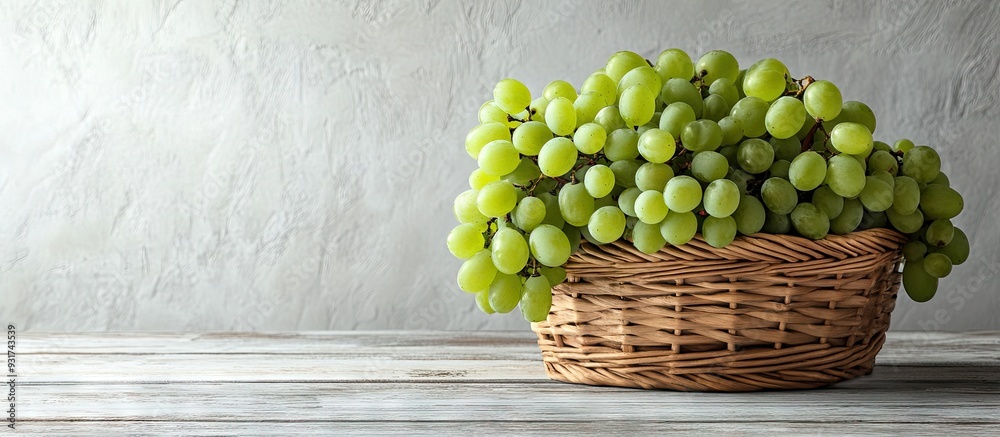 Poster green autumn ripe grapes in a basket on a pale wooden table. with copy space image. place for adding