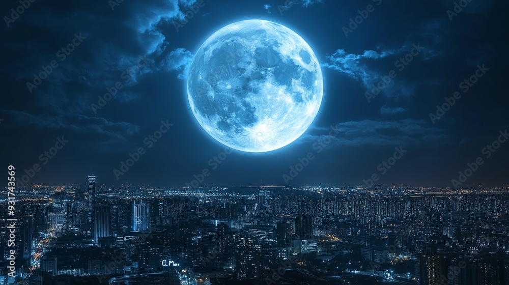 Wall mural a large blue moon is in the sky above a city. the city is lit up with lights, creating a beautiful a