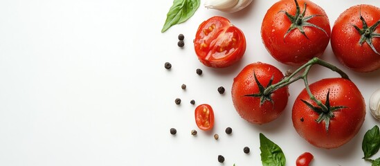 Raw ingredients for tomato sauce on a white background. with copy space image. Place for adding text or design