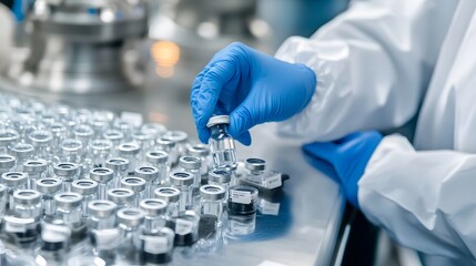 Scientist in protective gear handling vials in a pharmaceutical laboratory.