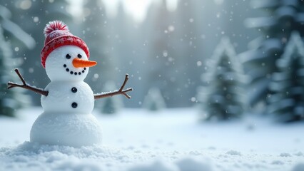 Fototapeta premium Joyful Snowman in Top Hat: A Festive Winter Wonderland Scene with Space for Text