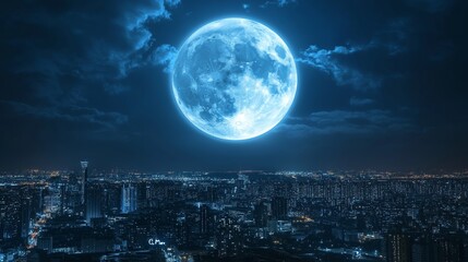 A large blue moon is in the sky above a city. The city is lit up with lights, creating a beautiful and serene atmosphere