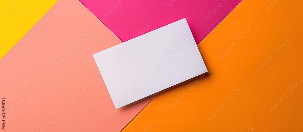 Poster white blank business card positioned with pink and orange papers overlapping on yellow paper in an a