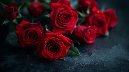 Naklejka premium Bouquet of dark red roses on a black background Blur and selective focus Low key photo Extreme Flower Closeup Moody flowers : Generative AI