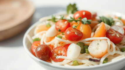 Close-up of a salad with cherry tomatoes, pasta, and greens