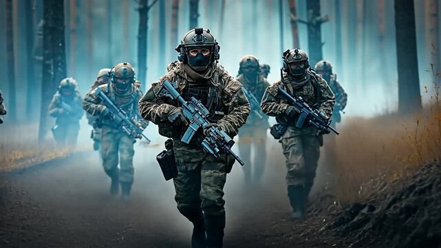 Troops from the military army's tactical squad and commando unit are going carefully through a woodland.