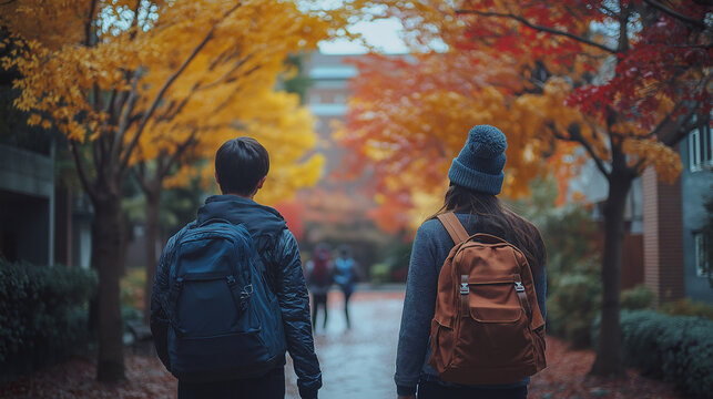 students carrying backpacks walking around the fall campus during back-to-school season, capturing the energy and excitement of the new academic year