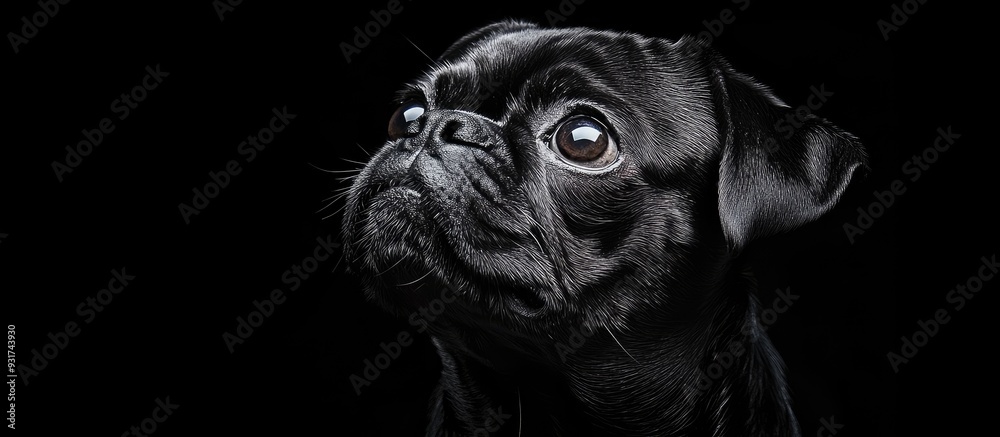 Poster Charming black pug set against a black background Studio pet portrait. with copy space image. Place for adding text or design