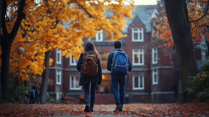 students carrying backpacks walking around the fall campus during back-to-school season, capturing the energy and excitement of the new academic year