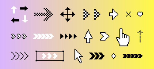 Arrows icon set in pixel art. Simple arrows pack. Cursor icon click. Pixels elements set in the mood of 90's aesthetics. Y2k trendy stickers. 8 bit retro style vector illustration