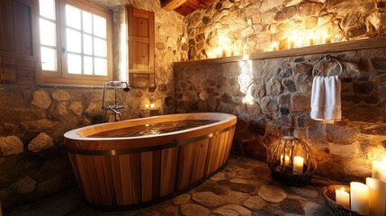 A rustic bathroom featuring a wooden bathtub, surrounded by natural stone and soft candlelight, perfect for a tranquil escape.