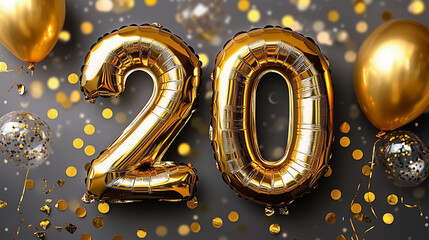 Elegant gold foil balloons shaped as the number 20 on a dark background with sparkling bokeh lights and confetti, perfect for a festive New Year celebration or milestone party greeting card design. Th