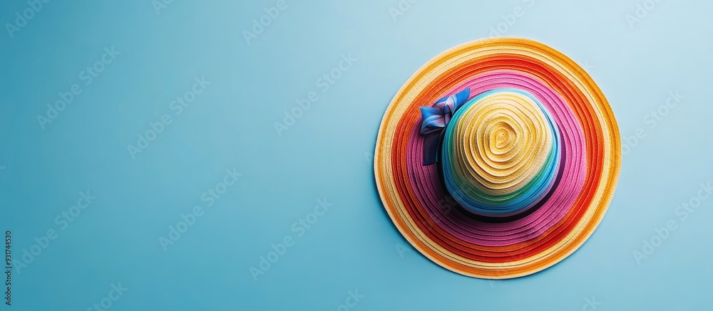Poster summer backdrop a striped hat featuring all the colors of the rainbow set against a light blue backg