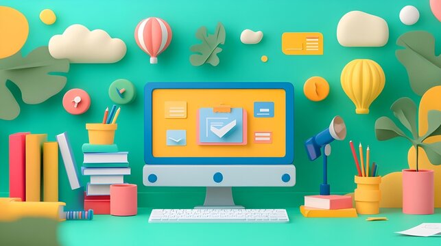 Flat vector icon set of business office desk with computer, paper, pen, and clock for home, school, or work